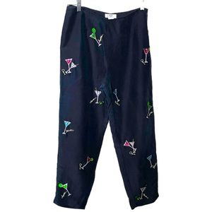 S.L.B. Black Silk Embroidered With Cocktail Glasses Capri Pants Size 8P